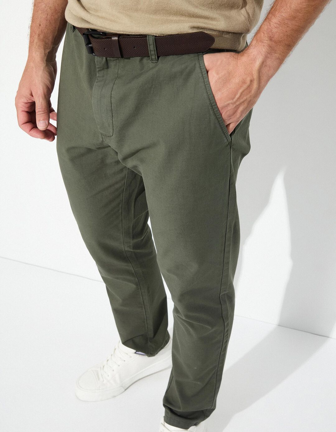 Calças Chino com Linho, Homem, Verde Escuro 