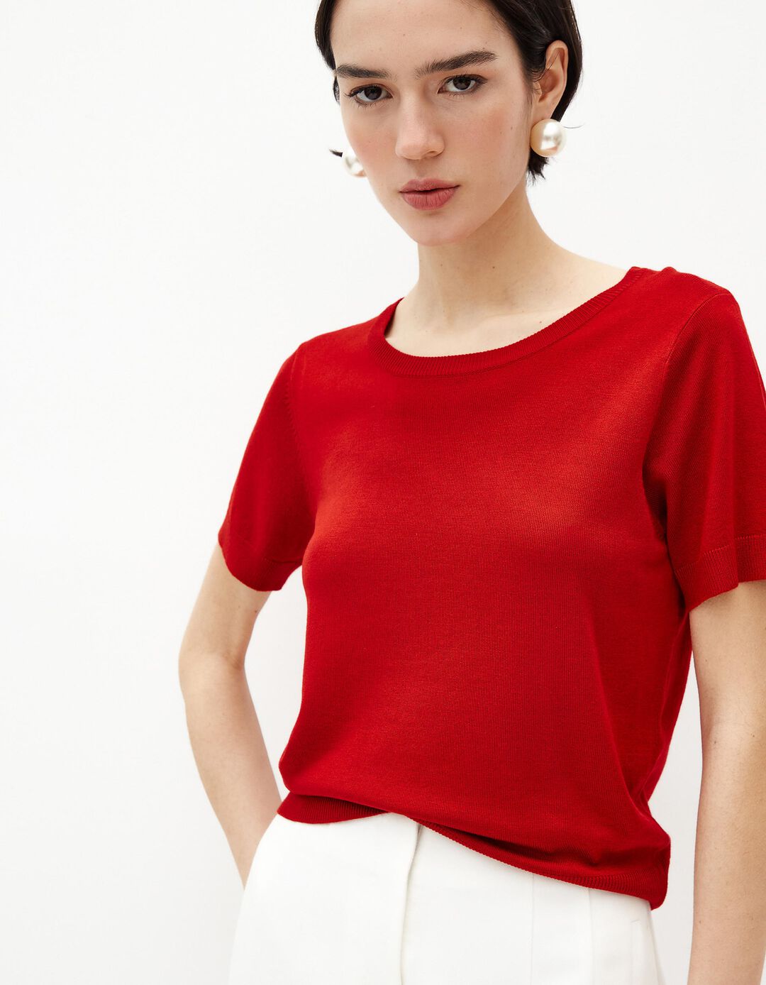 T-shirt de Malha Fina, Mulher, Vermelho Escuro