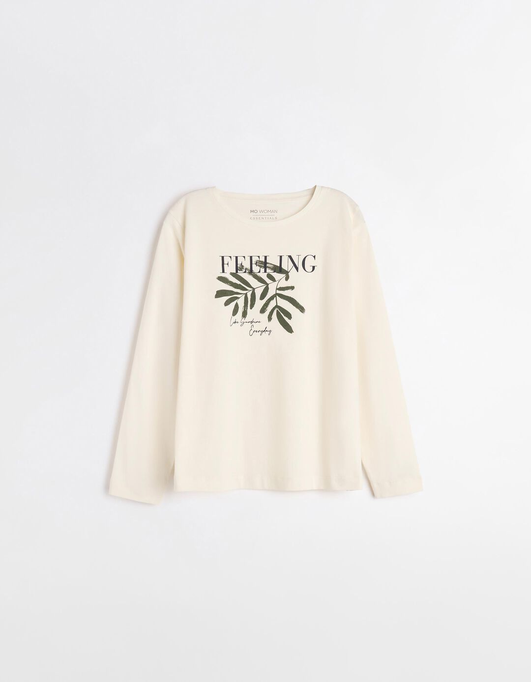 T-shirt de Manga Comprida Estampado, Mulher, Bege Claro