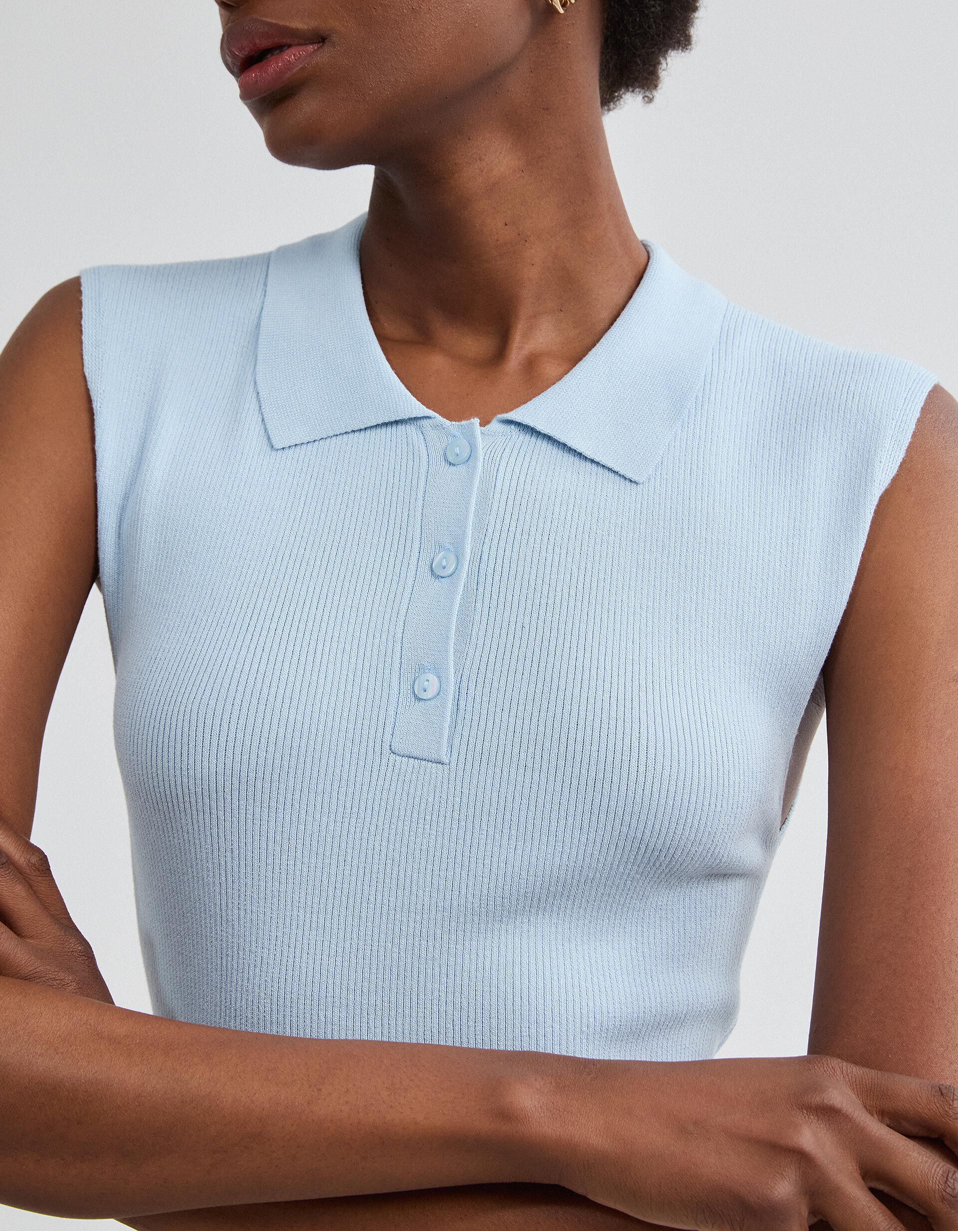 Comprar Online Top Tricotado Com Gola Polo, Mulher, Azul Claro