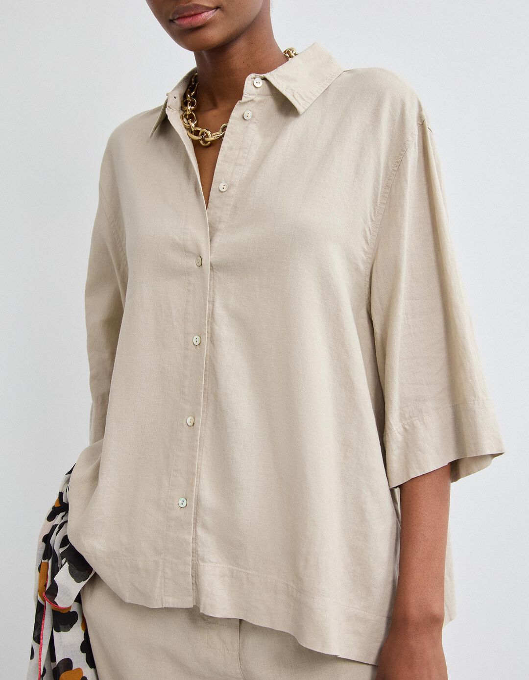 Camisa com Linho, Mulher, Bege