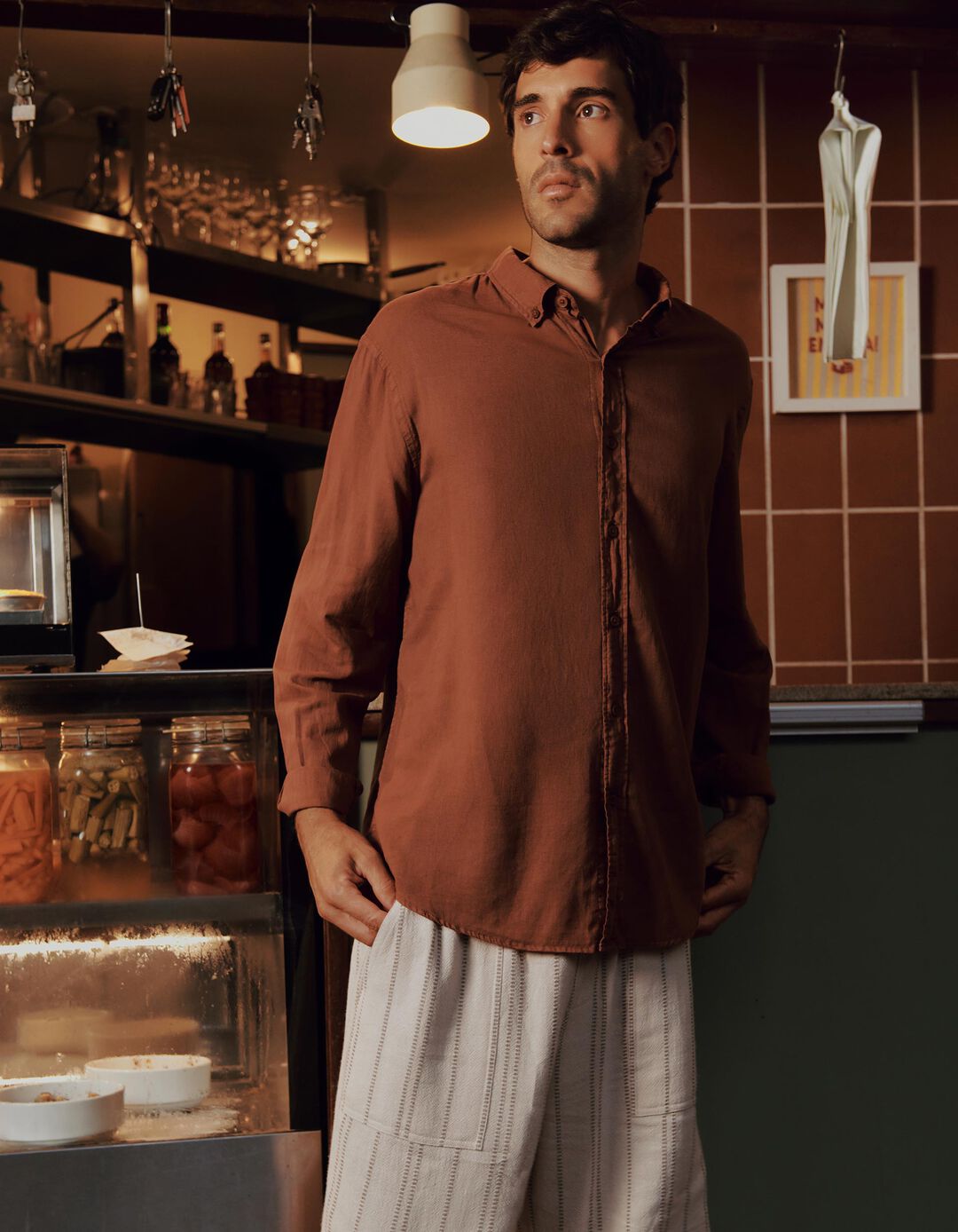Camisa com Linho, Homem, Castanho
