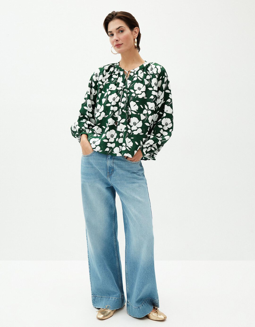 Blusa Rústica Estampada de Manga Comprida, Mulher, Verde Escuro