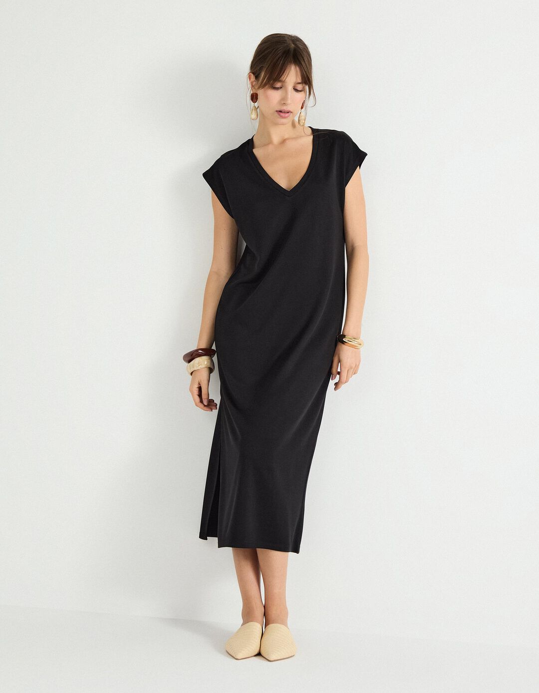 Vestido Comprido com Decote em V, Mulher, Preto