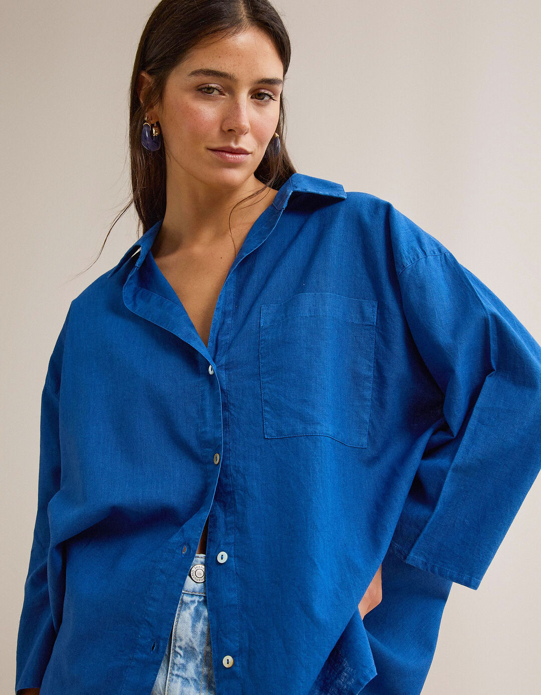 Blusa com Linho, Mulher, Azul 
