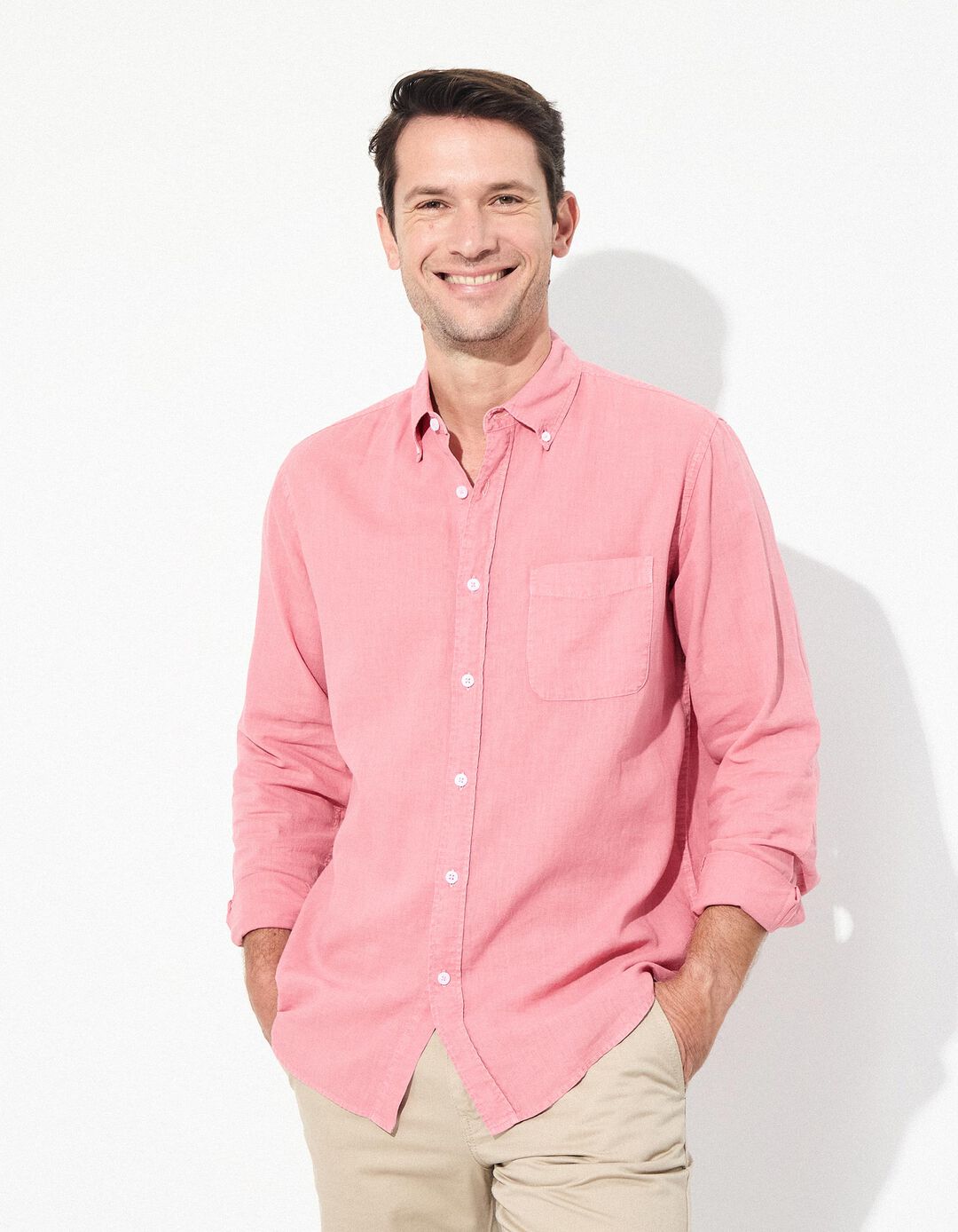 Camisa com Linho, Homem, Rosa Escuro