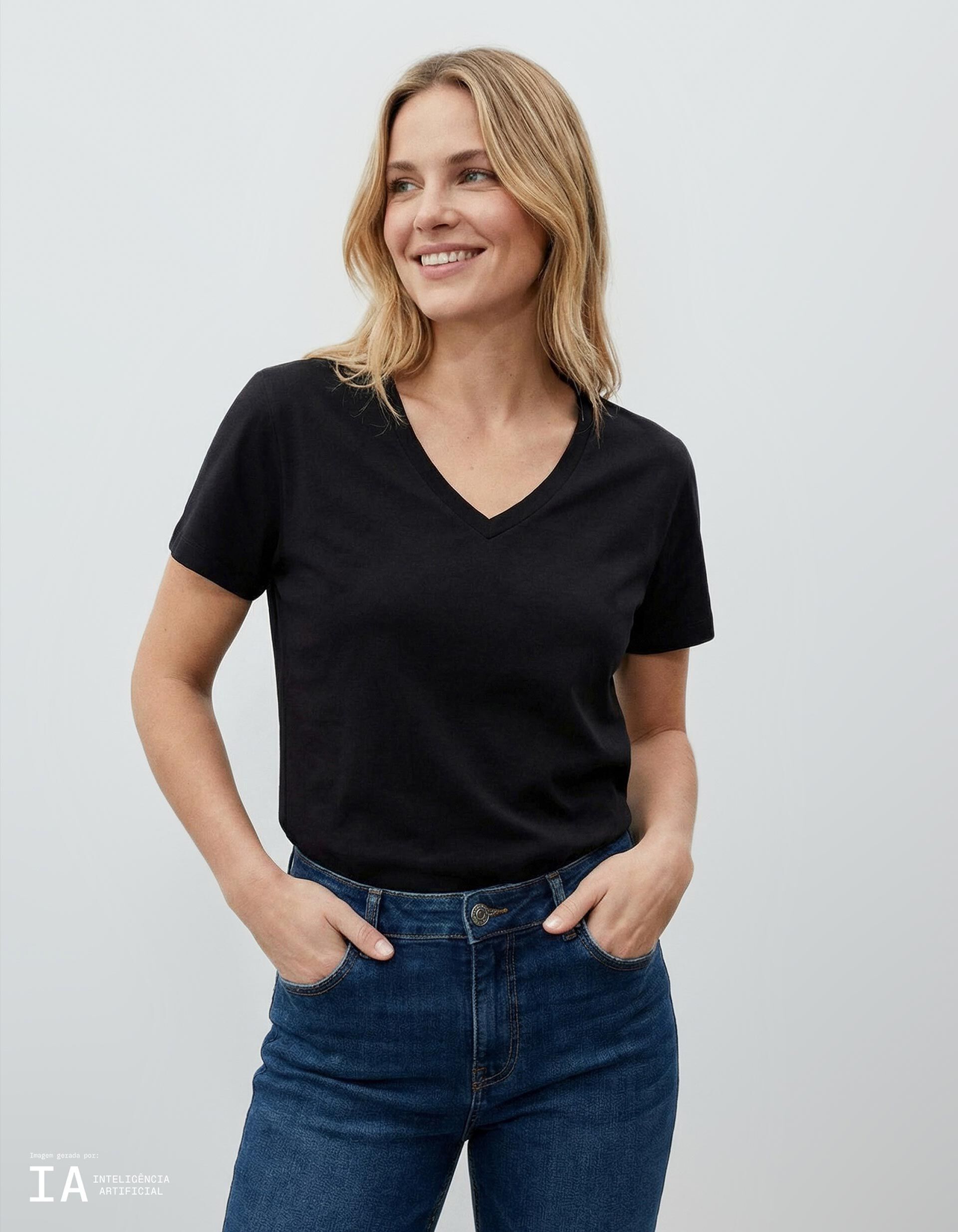 Comprar Online T-shirt Decote em V, Mulher, Preto