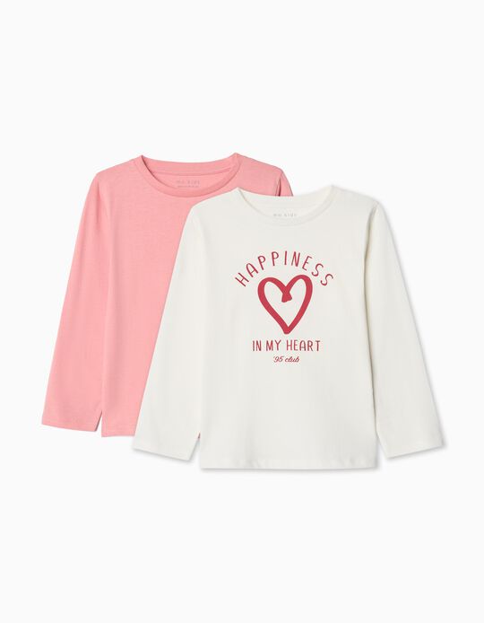 Comprar Online Pack 2 T-shirts de Manga Comprida, Menina, Branco/Rosa Claro