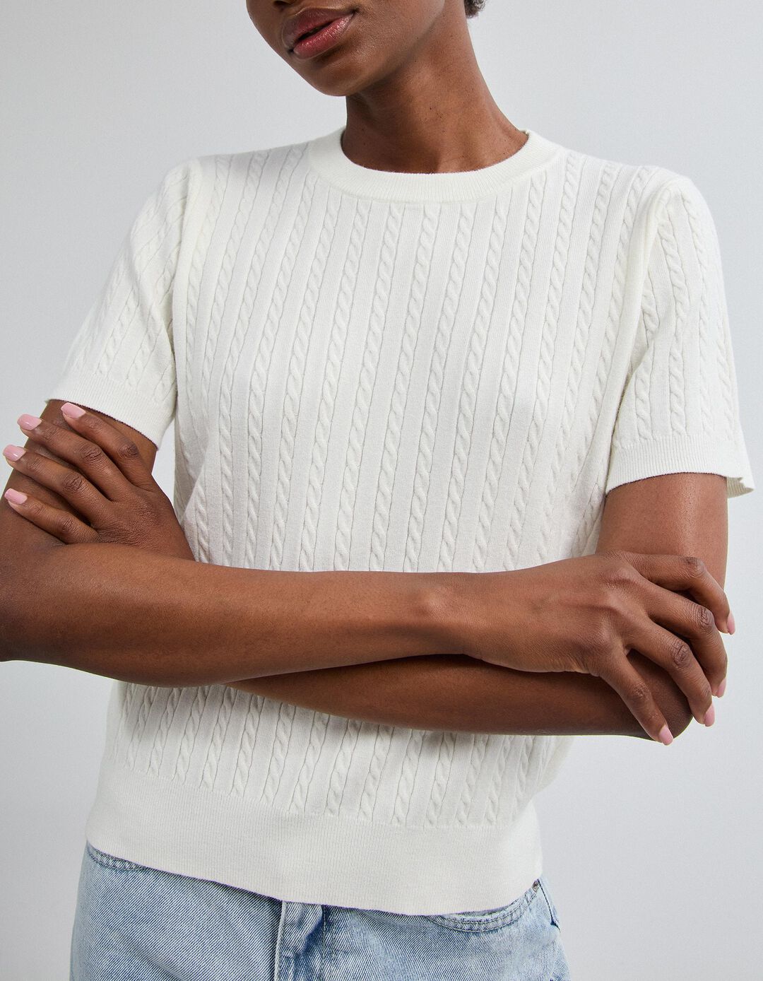 Camisola Tricotada Manga Curta, Mulher, Cru