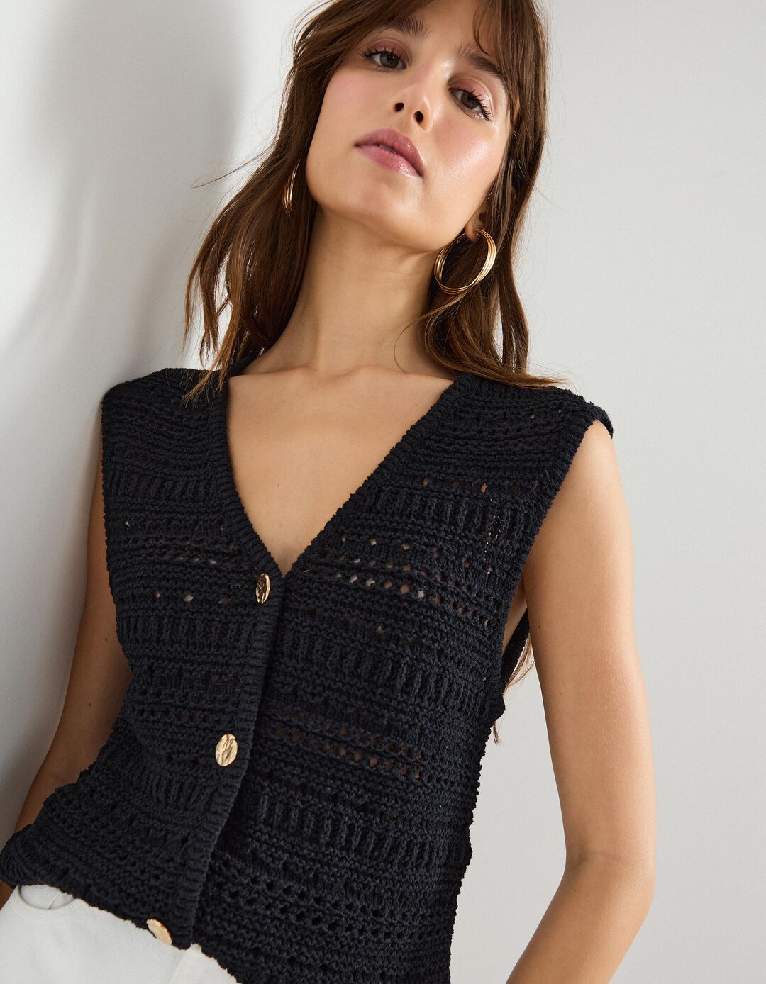 Colete de Crochet, Mulher, Preto