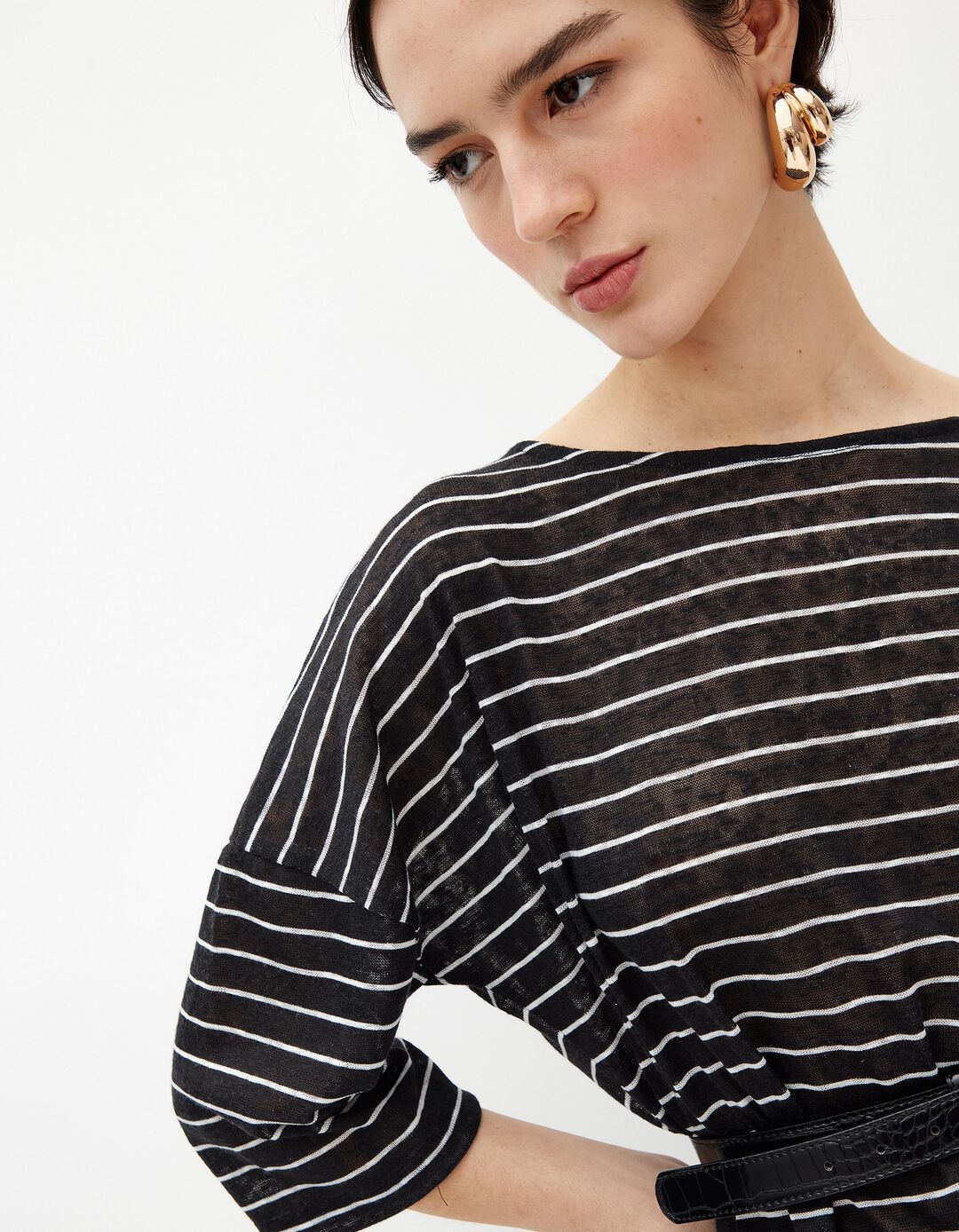 T-shirt de Manga Comprida Riscas, Mulher, Preto