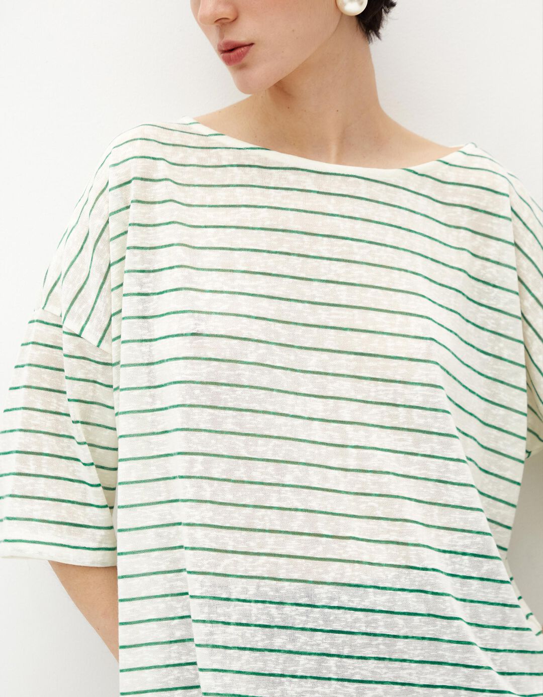 T-shirt Manga Comprida Riscas, Mulher, Bege Claro