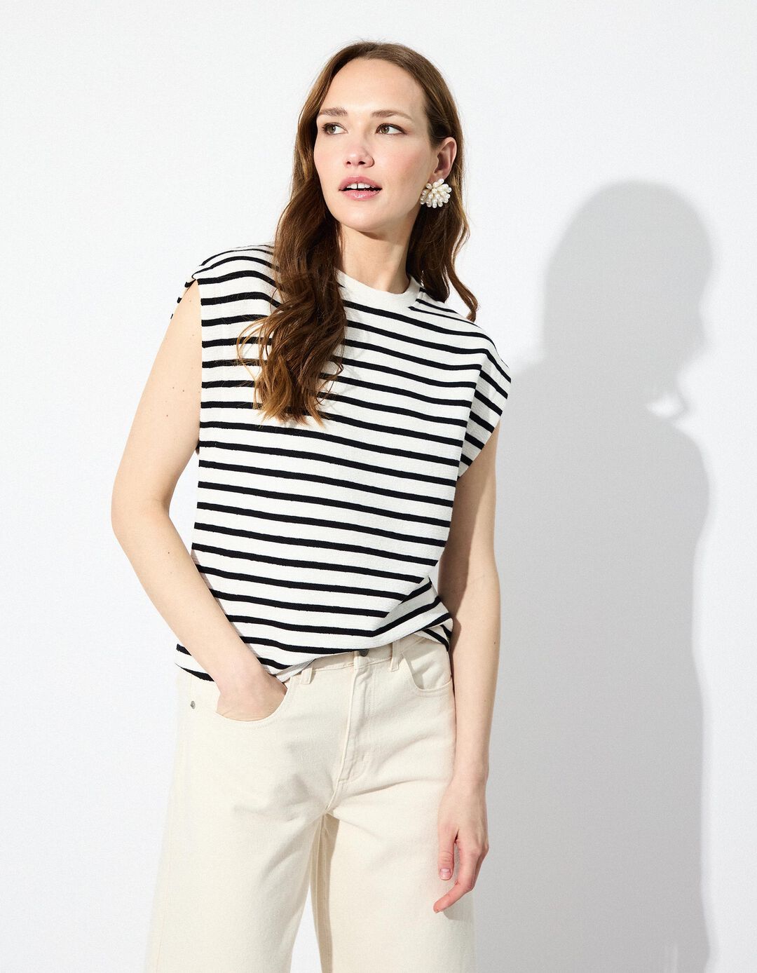 T-shirt Riscas sem Mangas, Mulher, Bege Claro 