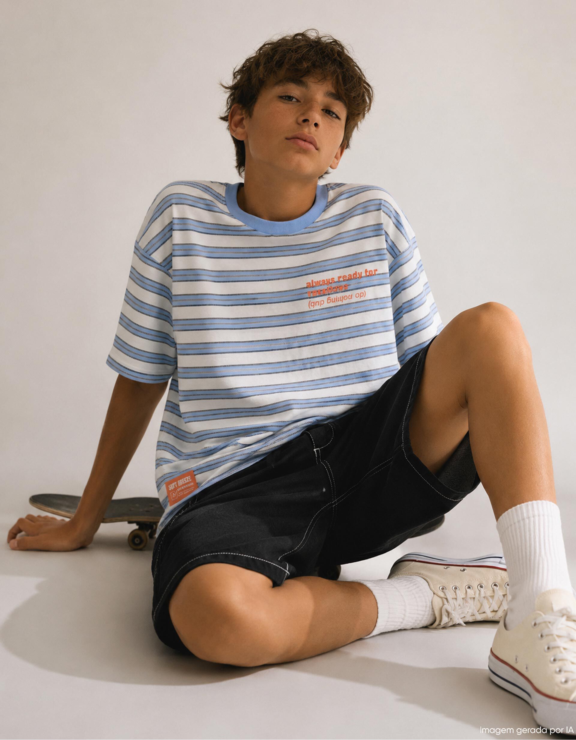 T-shirt &agrave;s Riscas, Menino, Azul