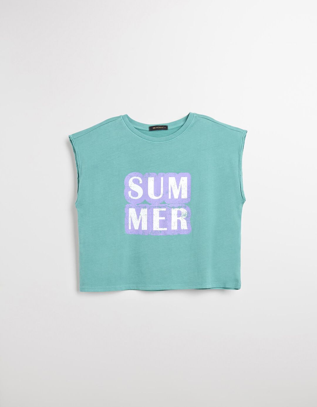 T-shirt Print sem Mangas, Mulher, Azul Claro 