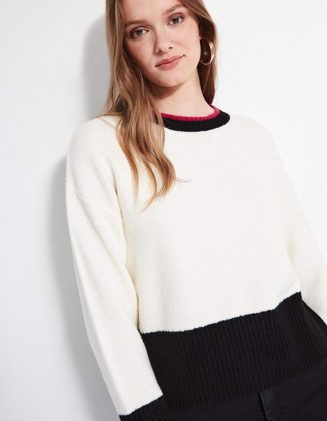 Camisola de Malha Blocos de Cor Mistura de Lã, Mulher, Bege Claro 