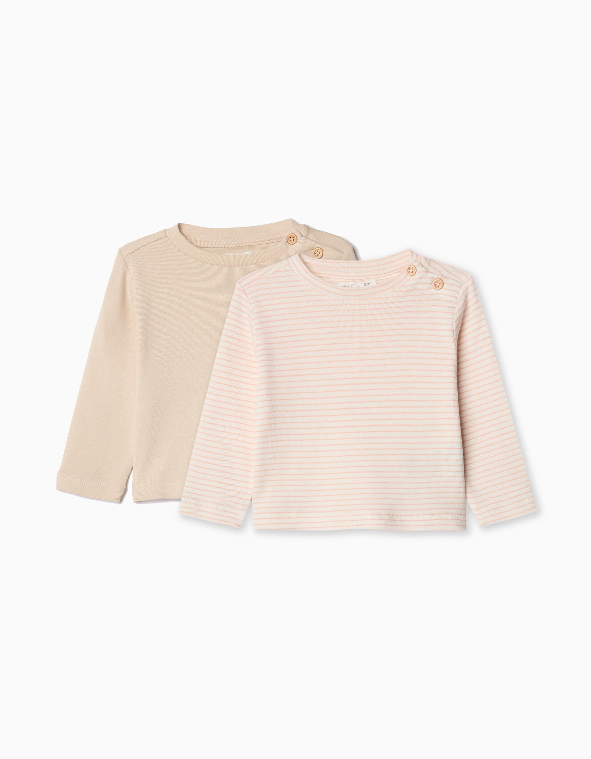 Comprar Online Pack 2 T-shirts de Manga Comprida, Rec&eacute;m-nascido, Rosa Claro/Bege