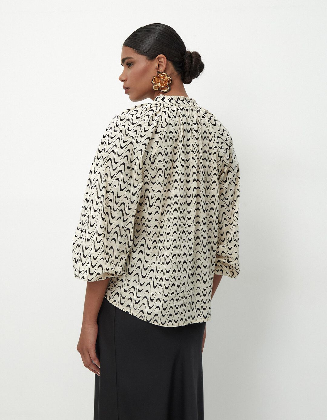 Blusa Rústica Estampada de Manga Comprida, Mulher, Preto