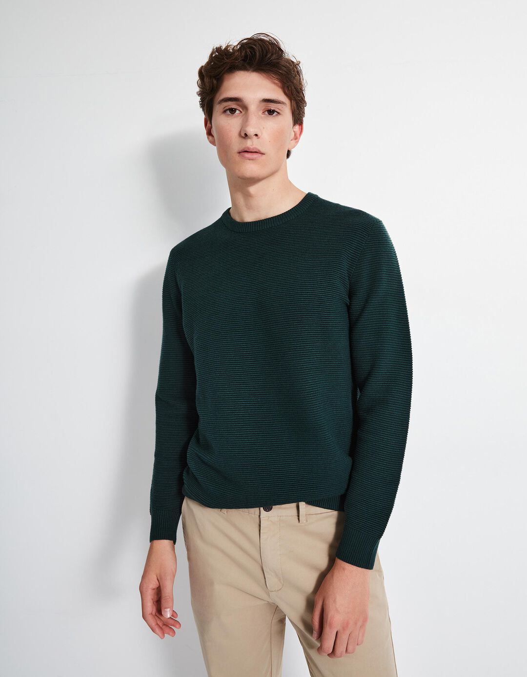 Camisola Malha Otomana Decote Redondo, Homem, Verde Escuro