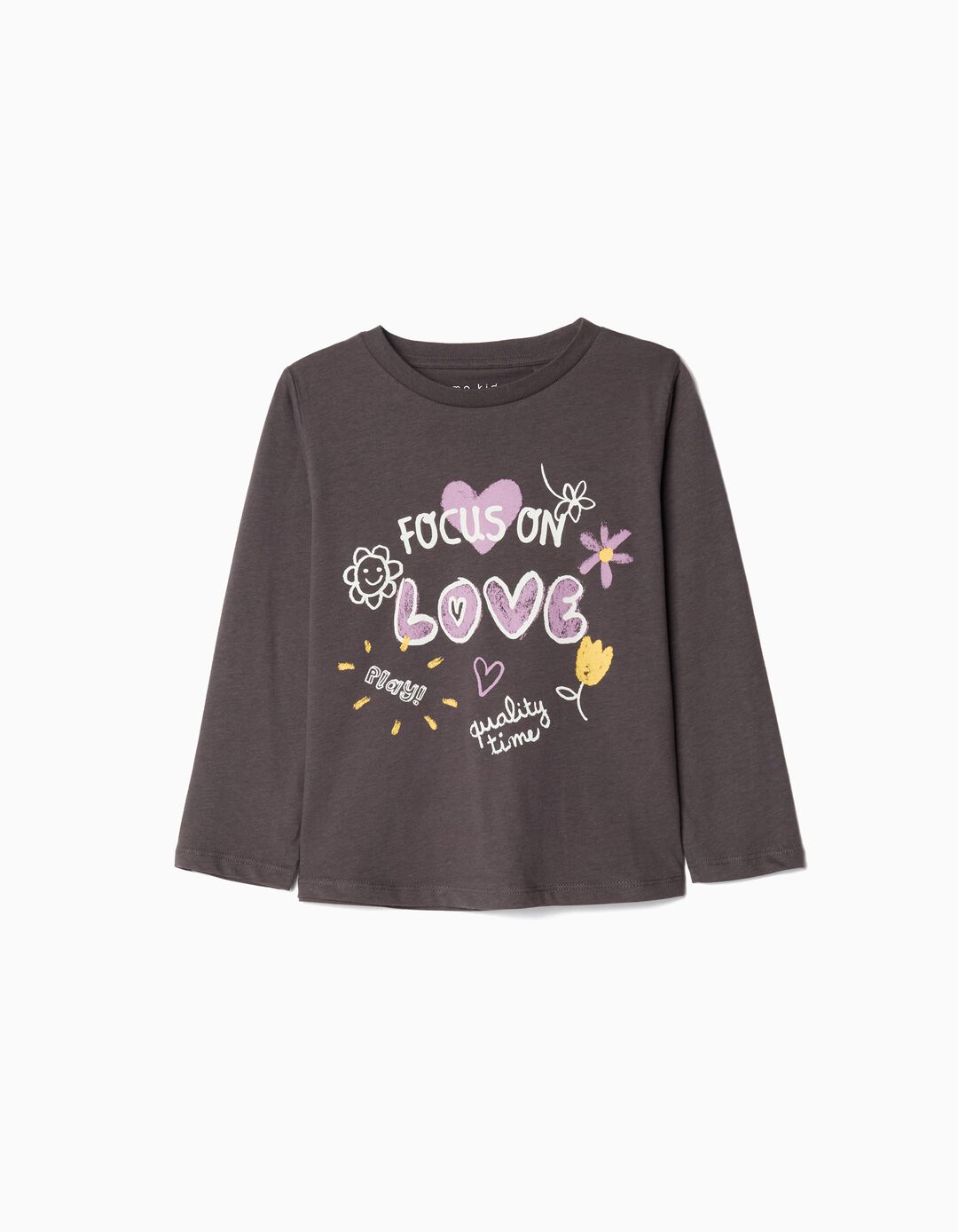 T-shirt de Manga Comprida Estampado, Menina, Cinzento Escuro