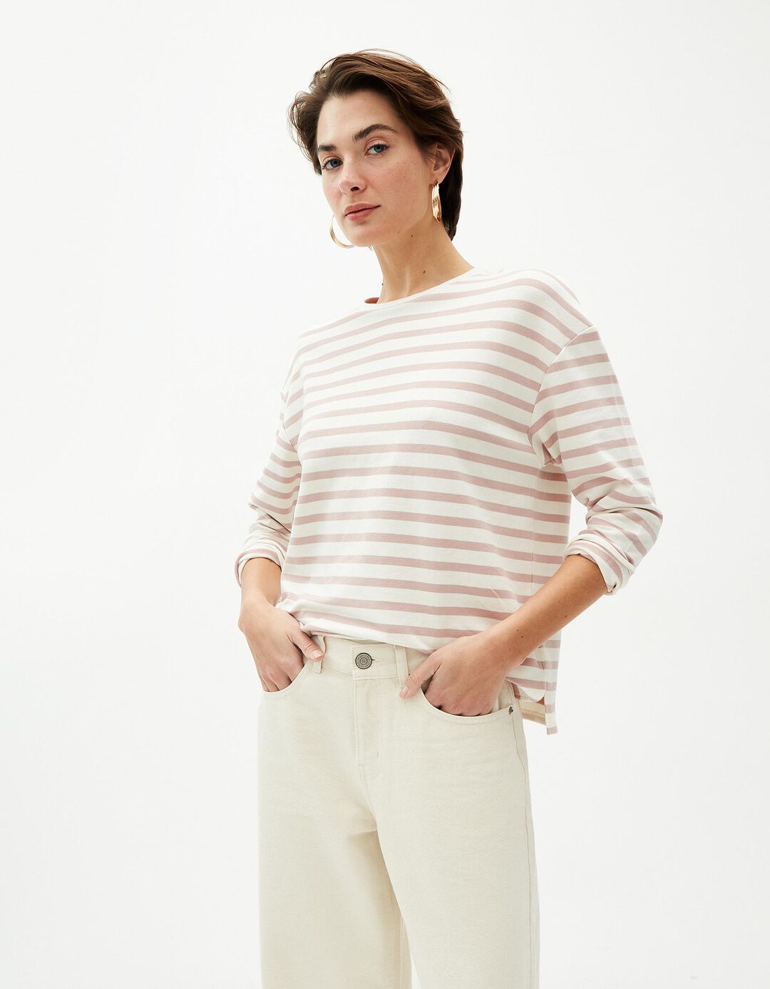 Camisola Riscas, Mulher, Rosa Claro 