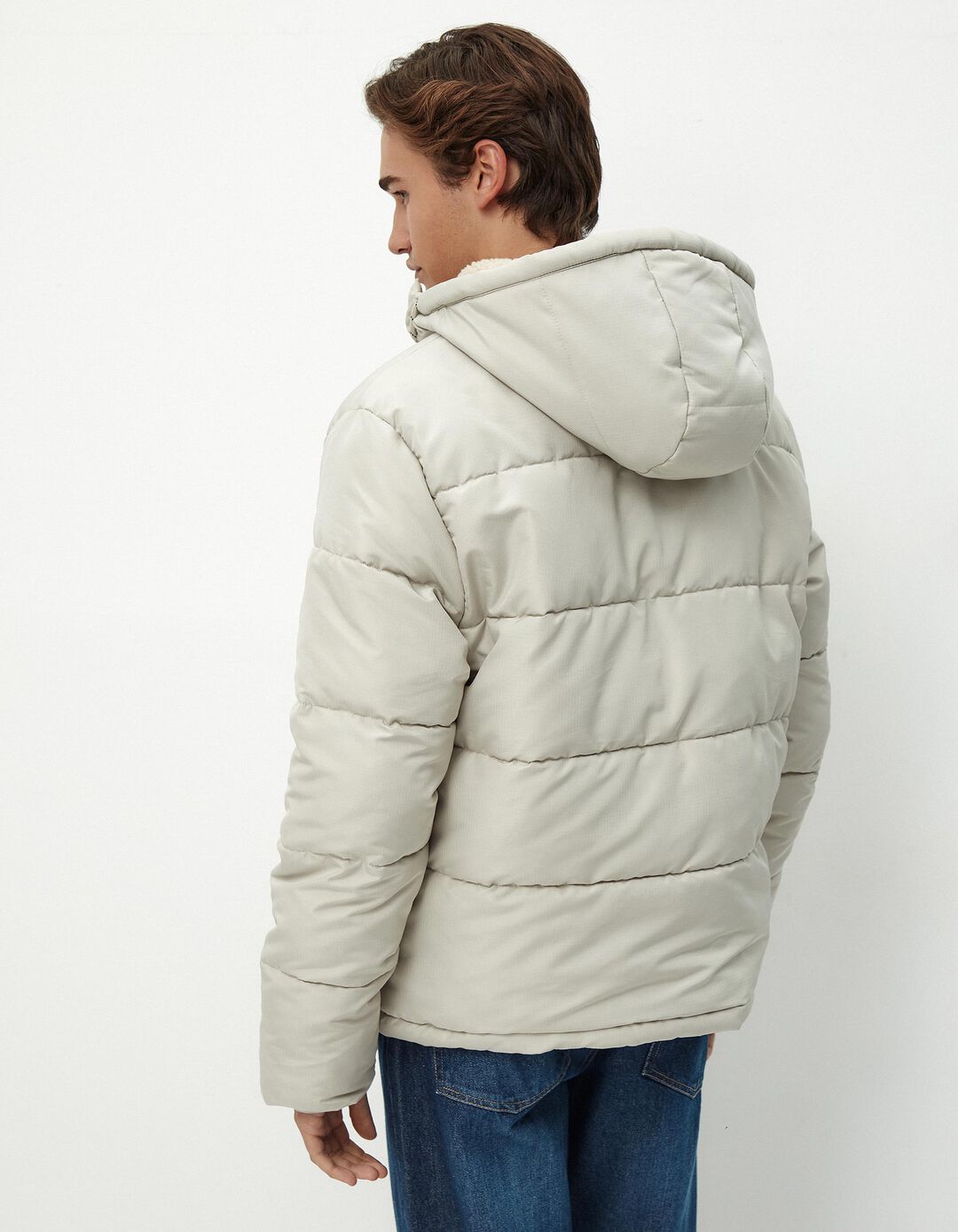 Casaco Acolchoado Capuz Interior Sherpa, Homem, Bege Claro