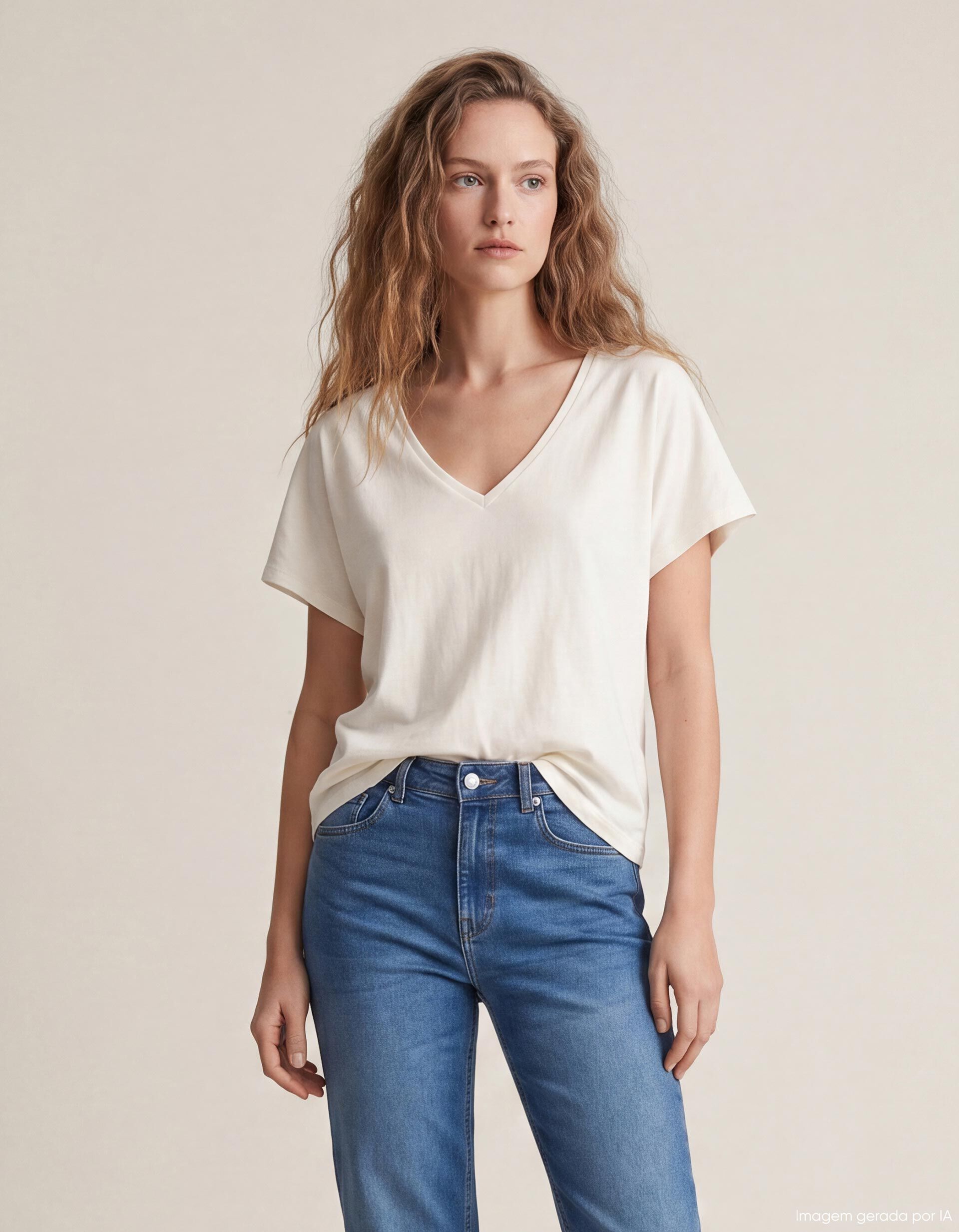 Comprar Online T-shirt Decote em V, Mulher, Cru