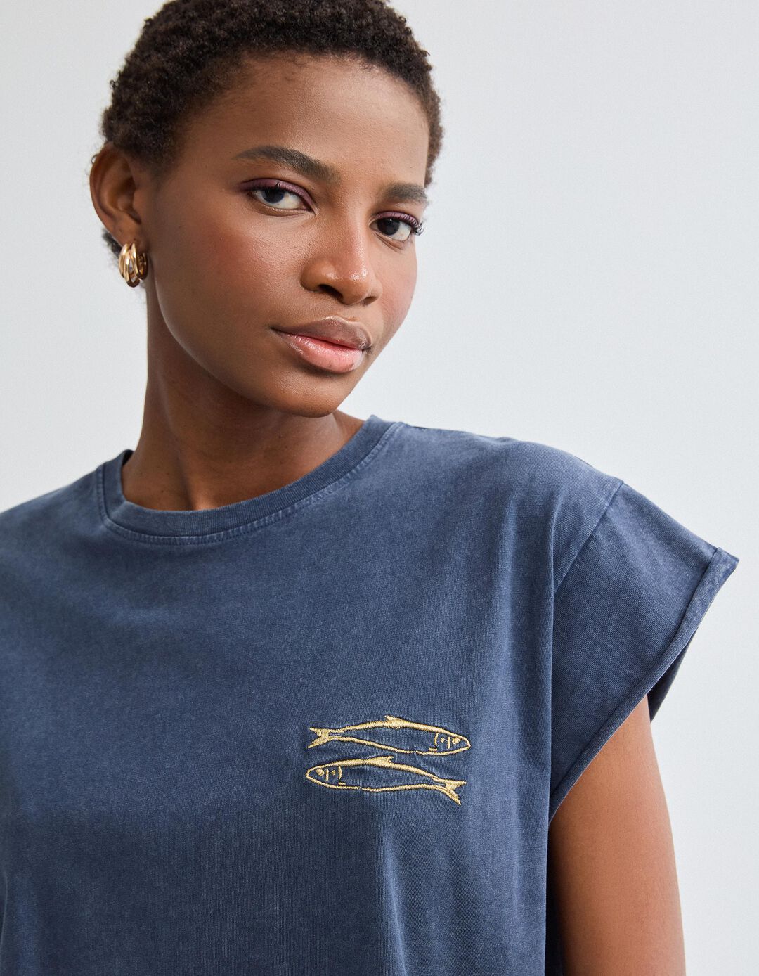 T-shirt Bordado, Mulher, Azul Escuro