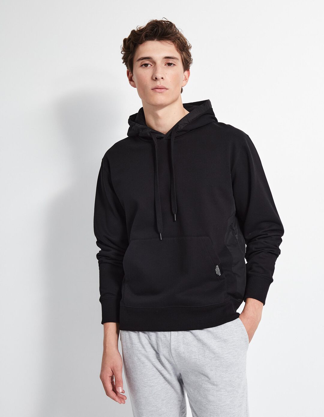 Sweatshirt de Felpa Detalhes Nylon Capuz, Homem,Preto