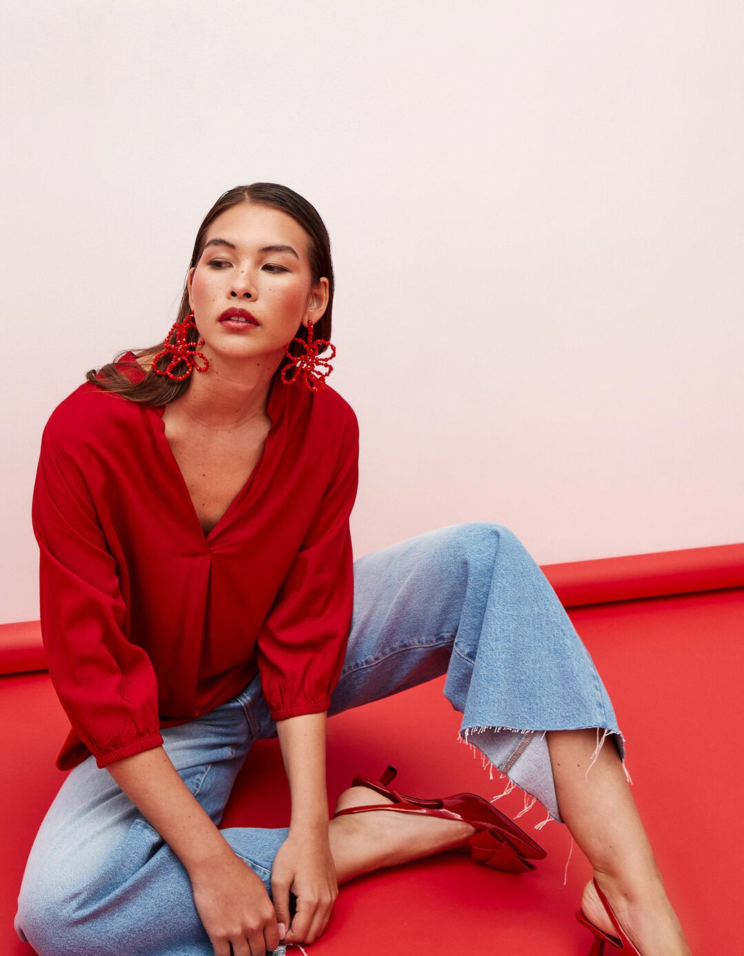 Blusa Decote em V, Mulher, Vermelho Escuro