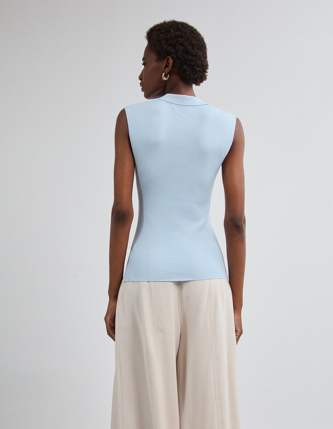 Top Tricotado Com Gola Polo, Mulher, Azul Claro