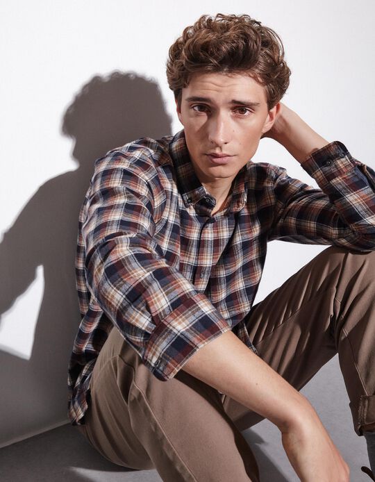 Comprar Online Camisa de Manga Comprida Xadrez Flanela, Homem, Bege Escuro