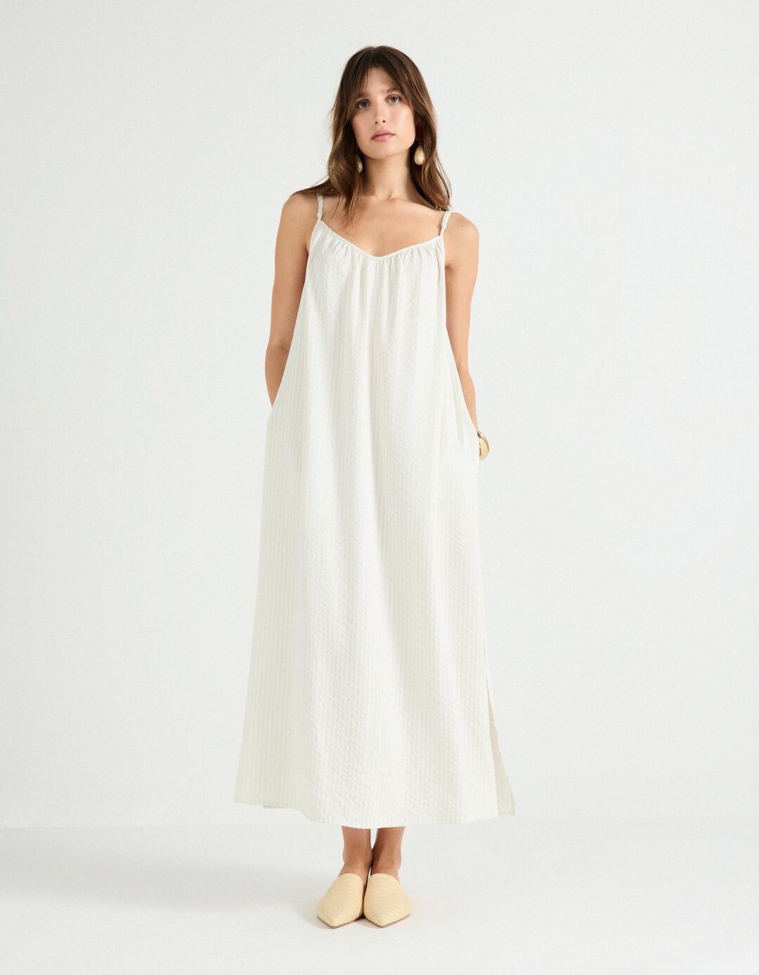 Vestido de Riscas, Mulher, Cru