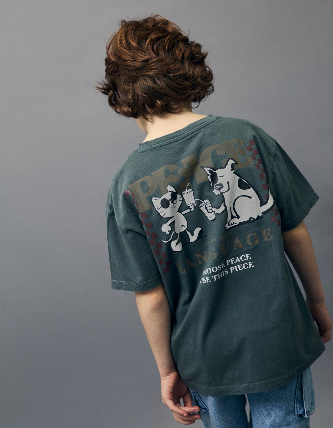 T-shirt 'Peace Language', Menino, Verde Escuro