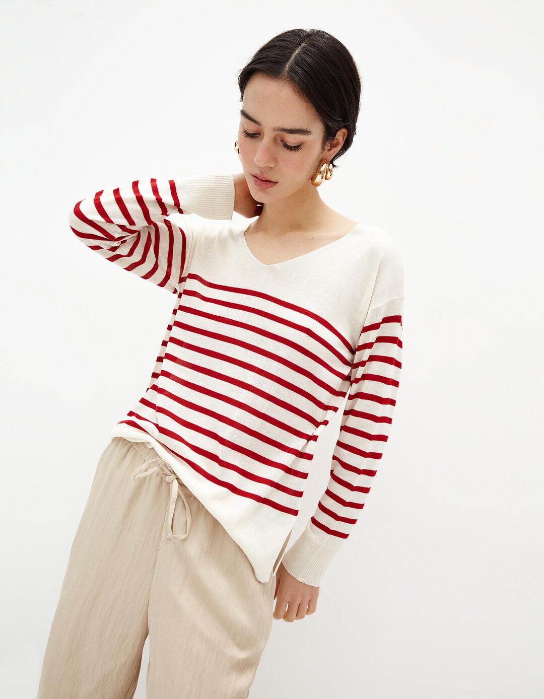Camisola Riscas, Mulher, Vermelho Escuro