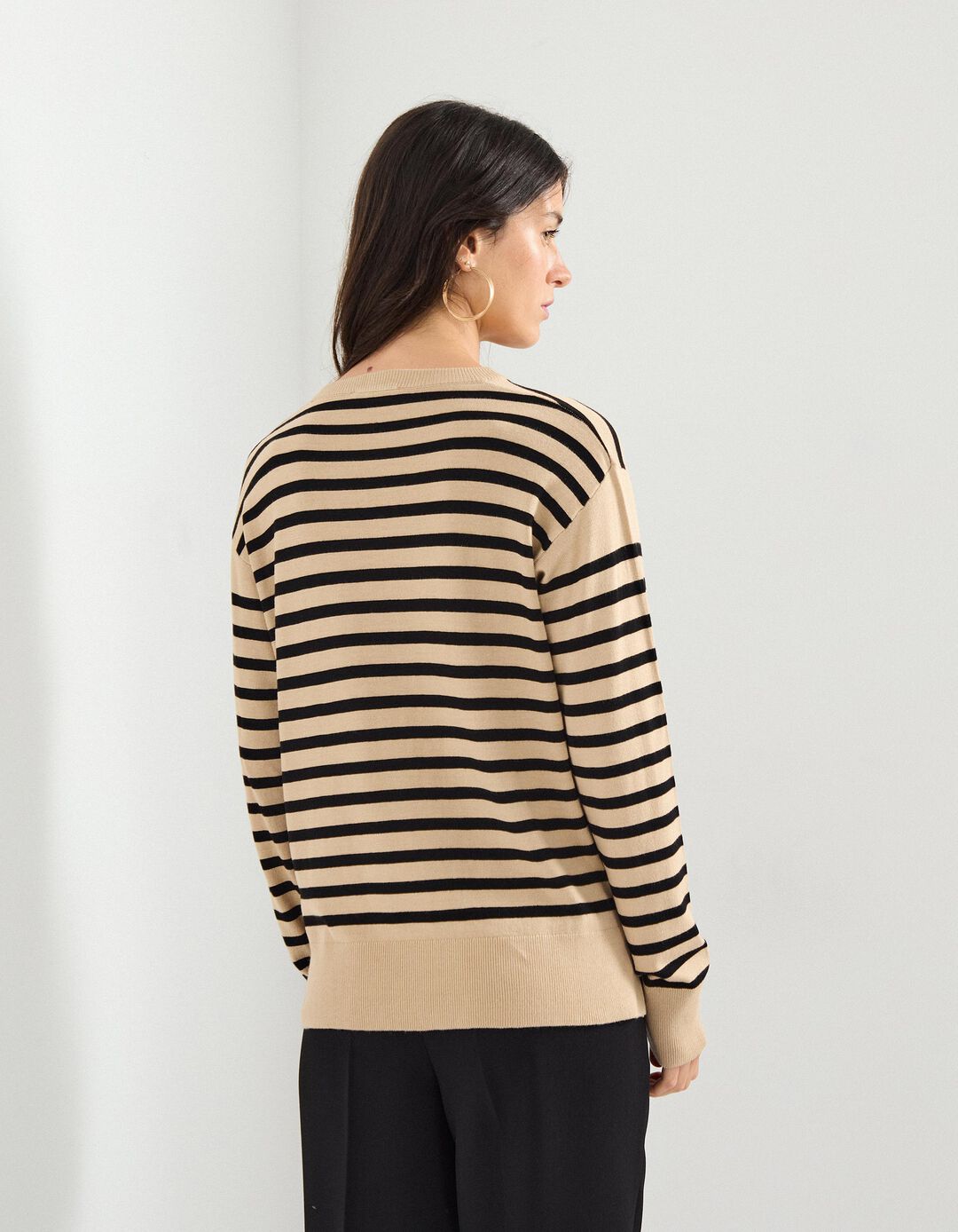 Camisola de Malha com Riscas, Mulher, Bege