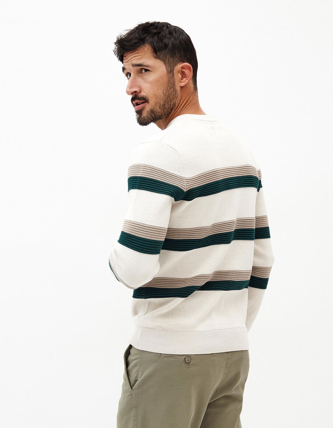 Camisola de Malha Riscas, Homem, Bege 