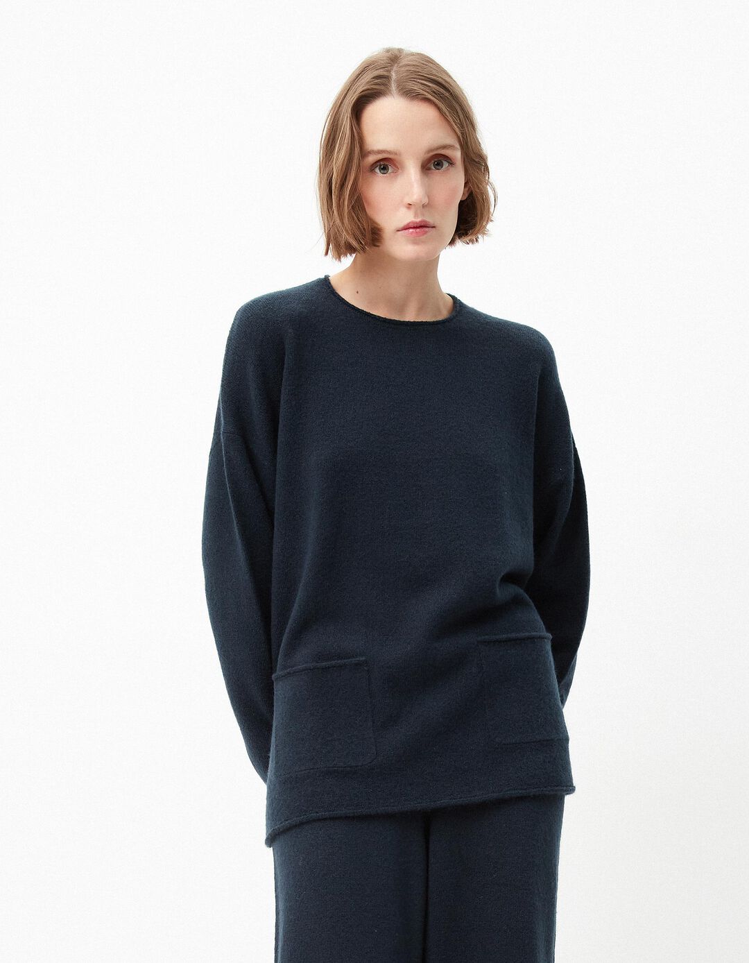 Camisola de Malha Bolsos, Mulher, Azul Escuro