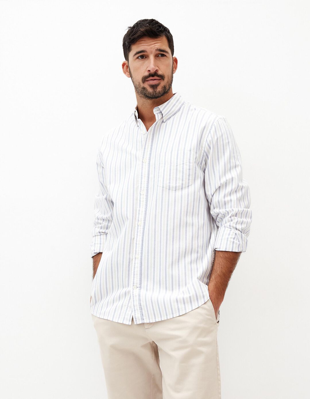 Camisa de Manga Comprida Riscas, Homem, Azul