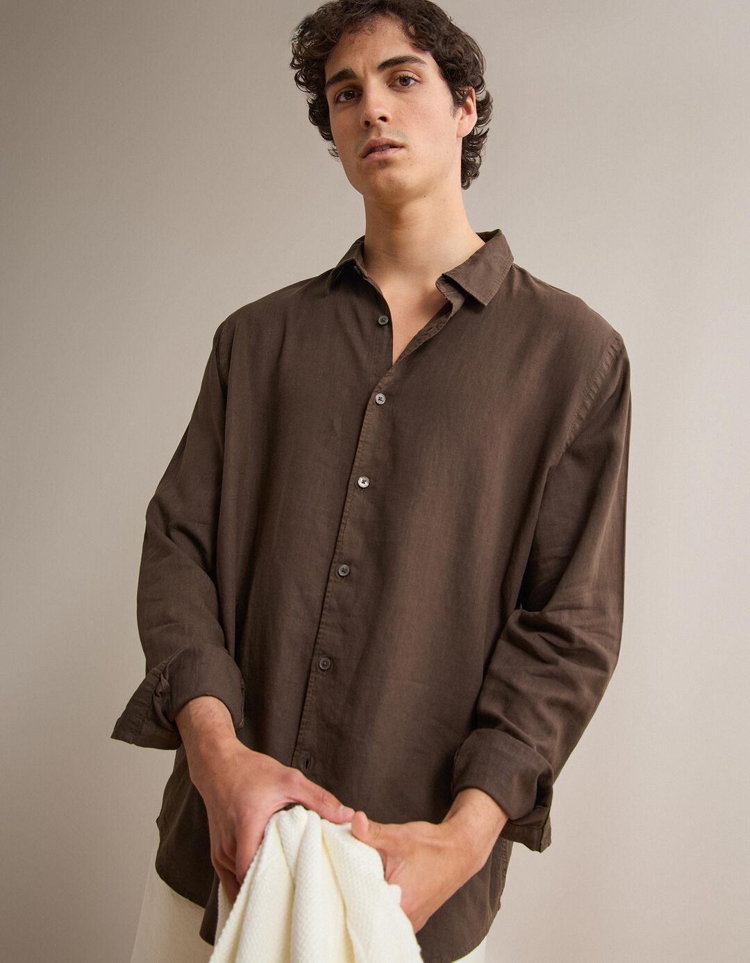 Camisa com Linho, Homem, Castanho