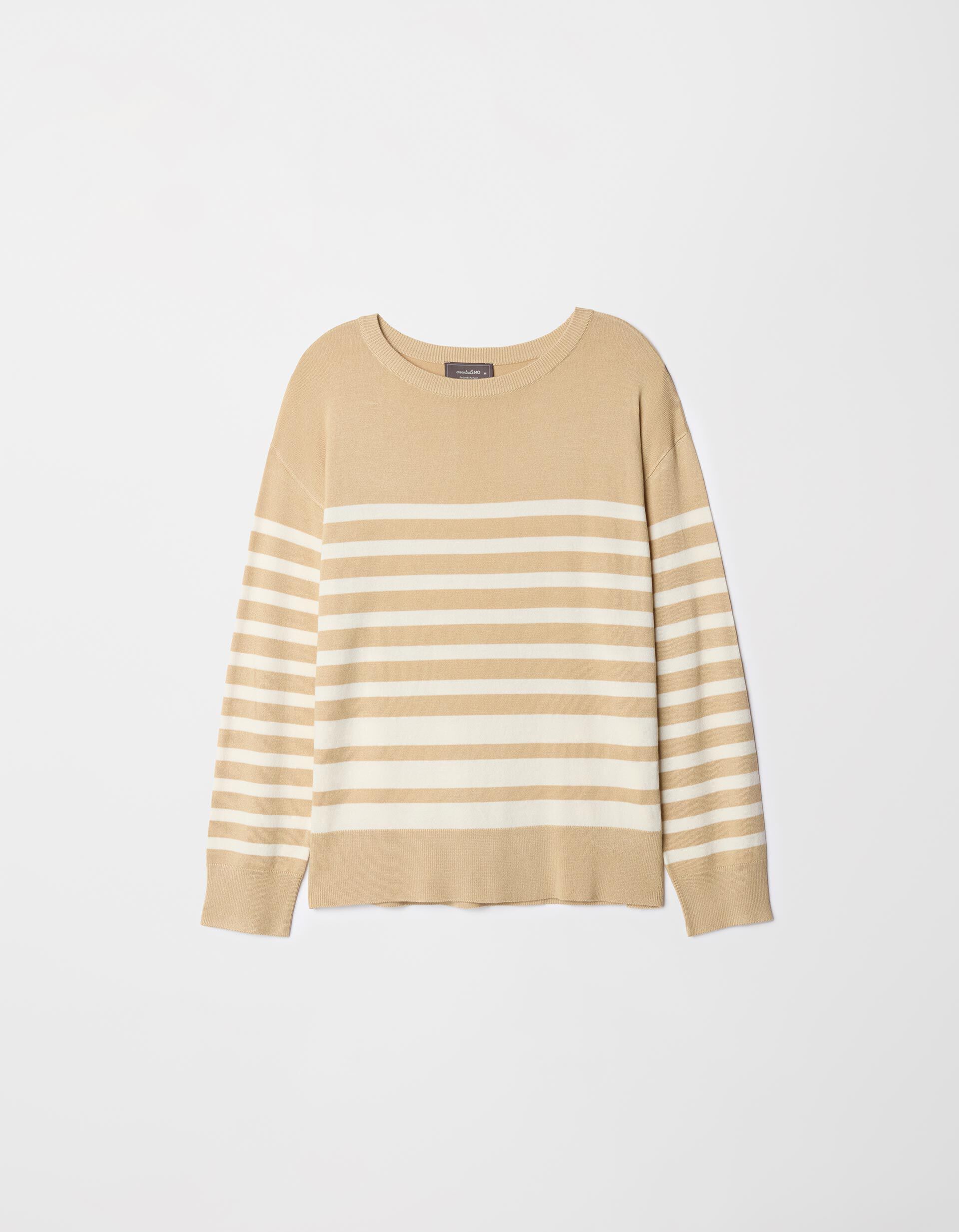 Comprar Online Camisola de Malha Riscas Decote Redondo, Mulher, Bege Escuro