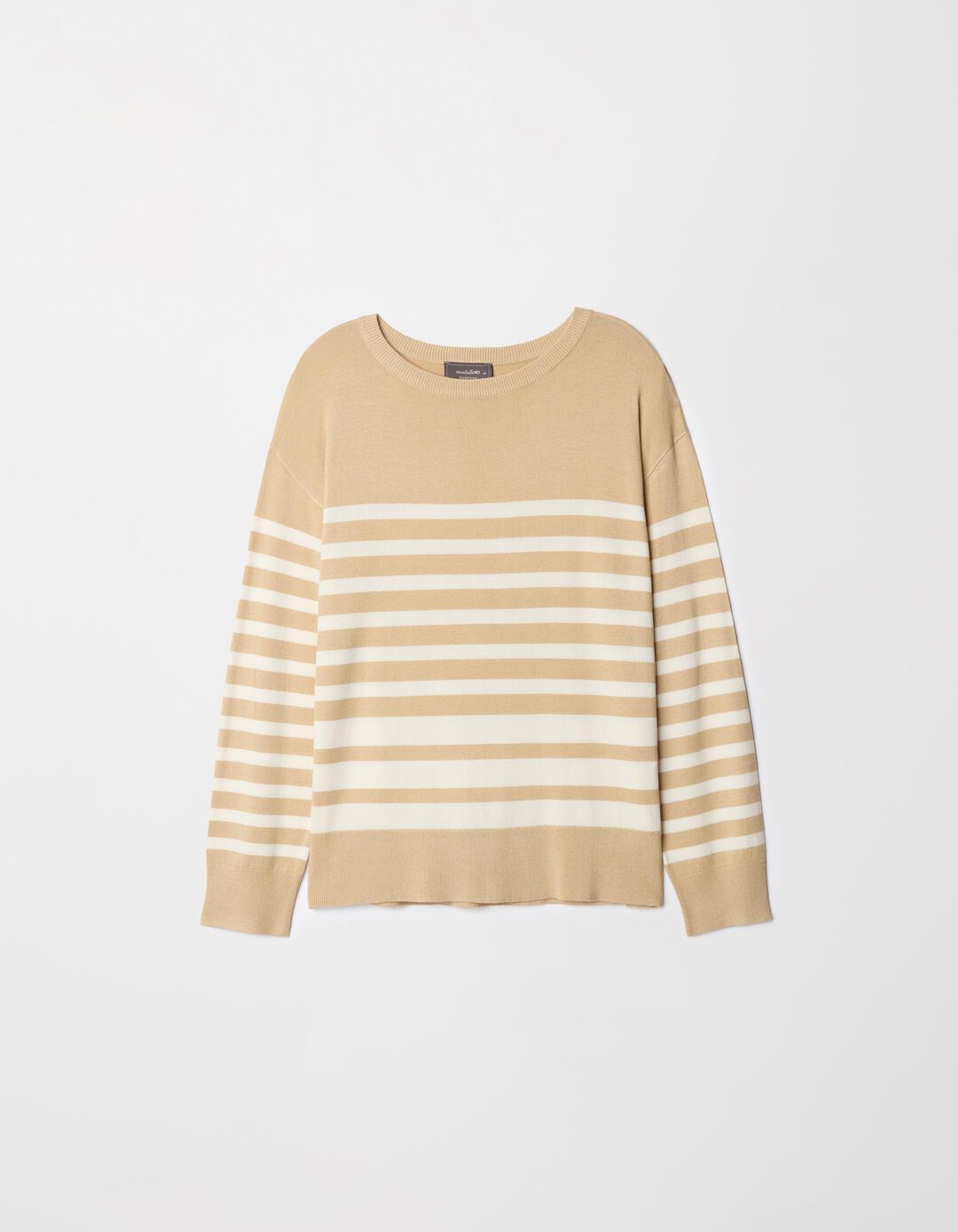 Camisola de Malha Riscas Decote Redondo, Mulher, Bege Escuro