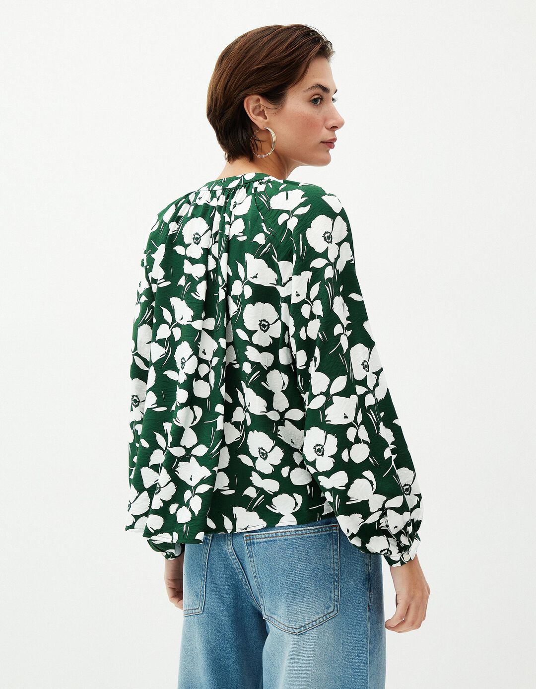 Blusa Rústica Estampada de Manga Comprida, Mulher, Verde Escuro