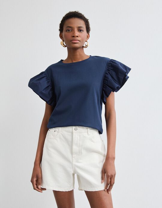 Comprar Online T-shirt Folhos, Mulher, Azul Escuro