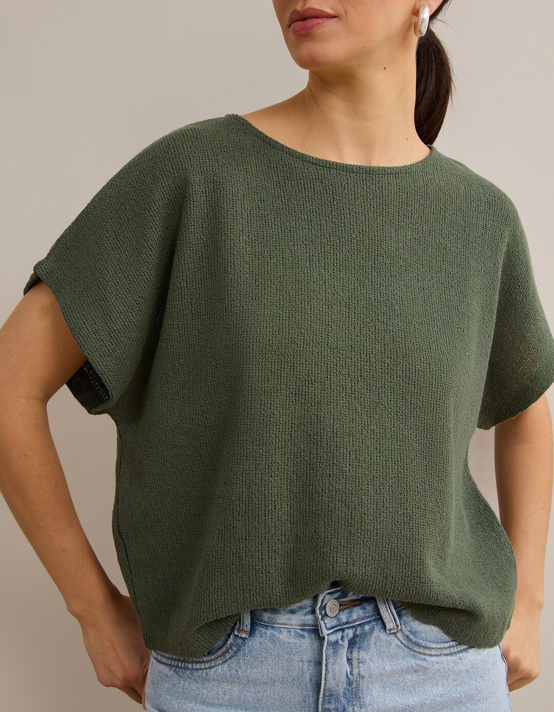 T-shirt Em Malha R&uacute;stica, Mulher, Verde Escuro