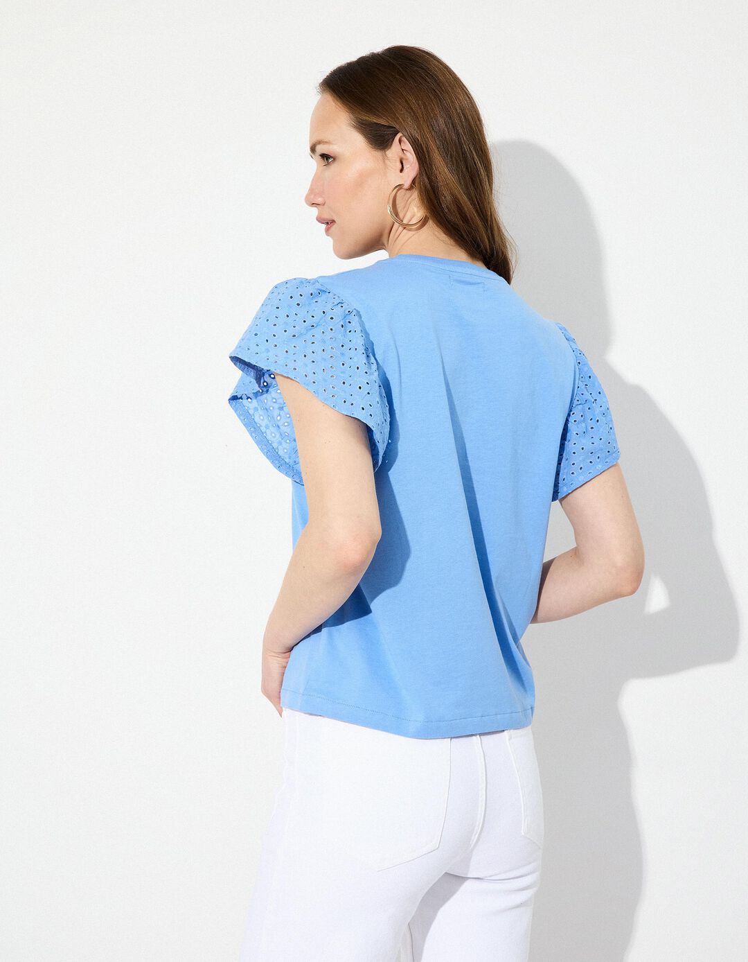 T-shirt com Bordado Inglês, Mulher, Azul