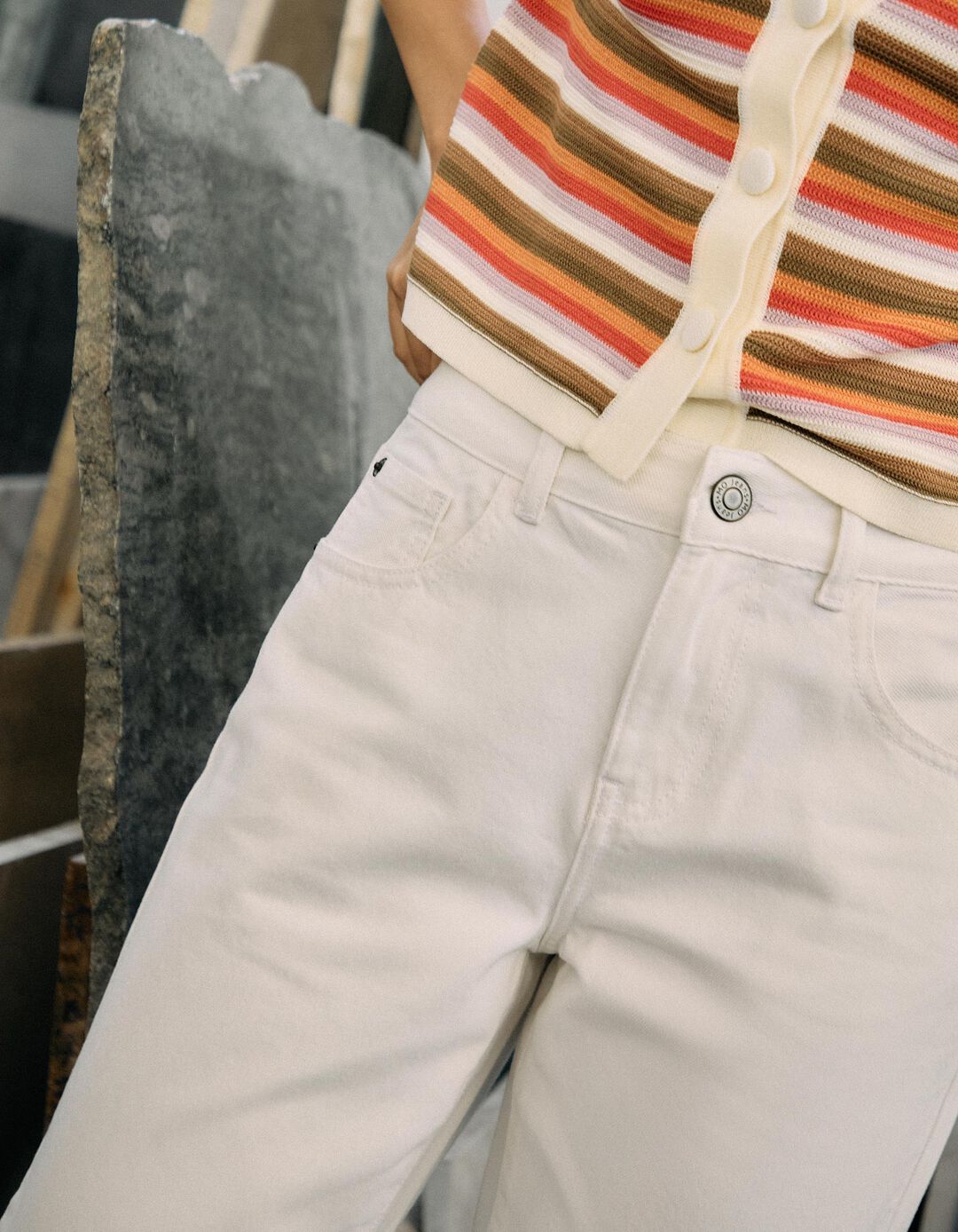 Calças de Ganga 'Straight Fit', Mulher, Cru