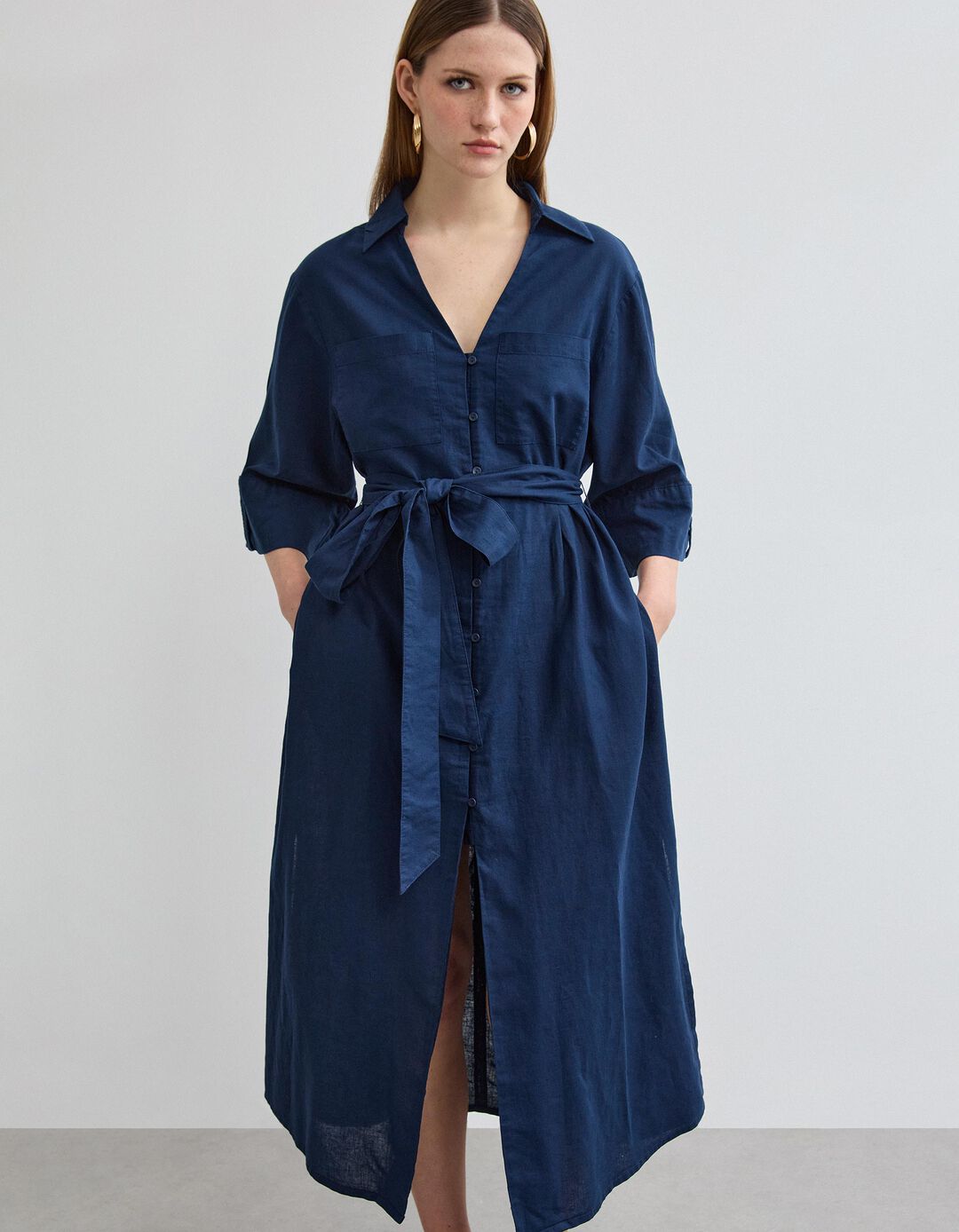 Vestido com Linho, Mulher, Azul Escuro