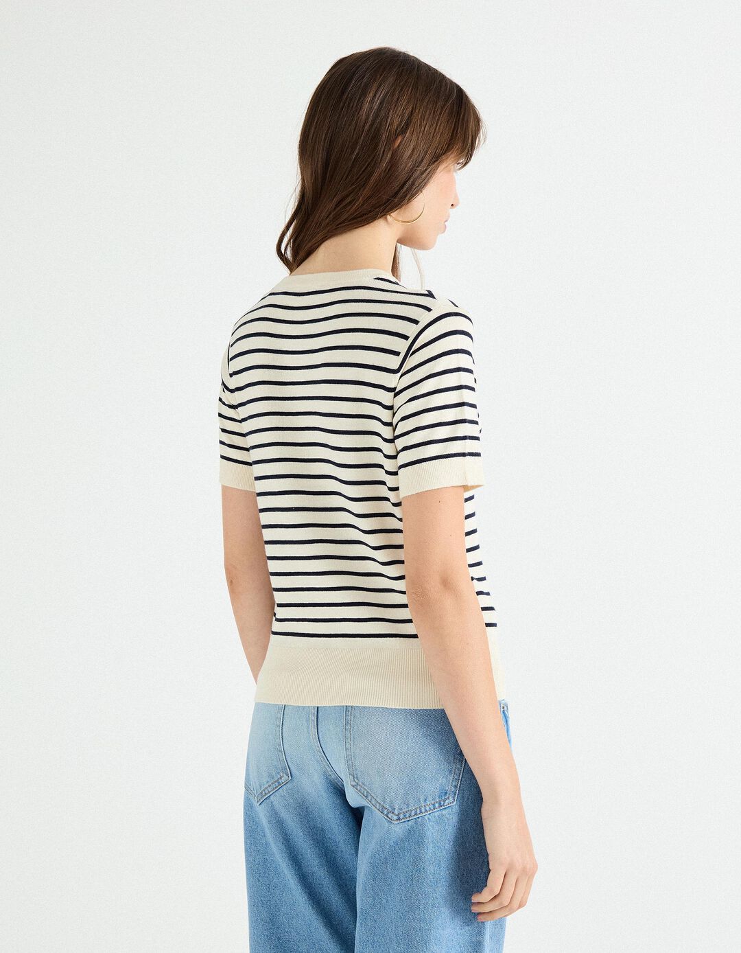 Camisola de Malha às Riscas, Mulher, Bege 