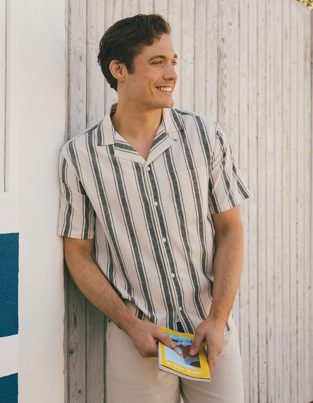 Camisa de Riscas com Linho, Homem, Azul Escuro